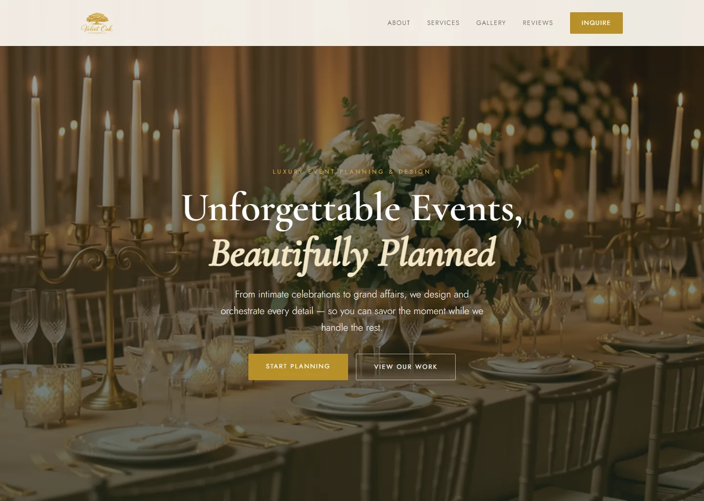 Velvet Oak Events website built by BrightFront Digital